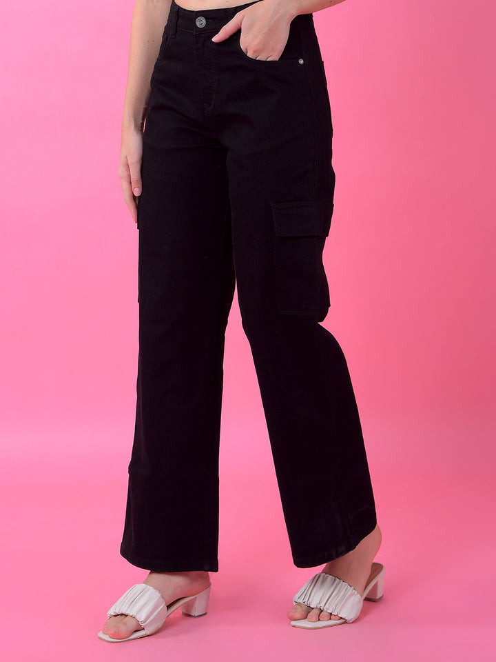 Edgy Black Wide-Leg Cargo Jeans-Women Jeans-Crimsoune Club