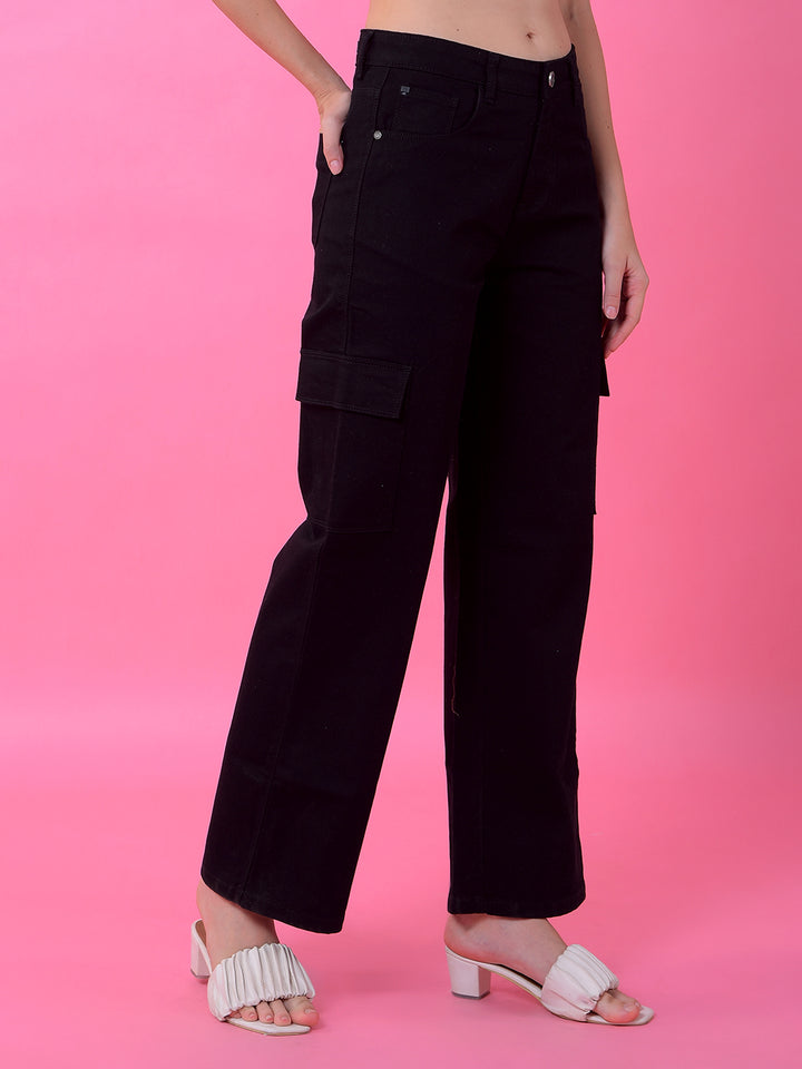 Edgy Black Wide-Leg Cargo Jeans-Women Jeans-Crimsoune Club