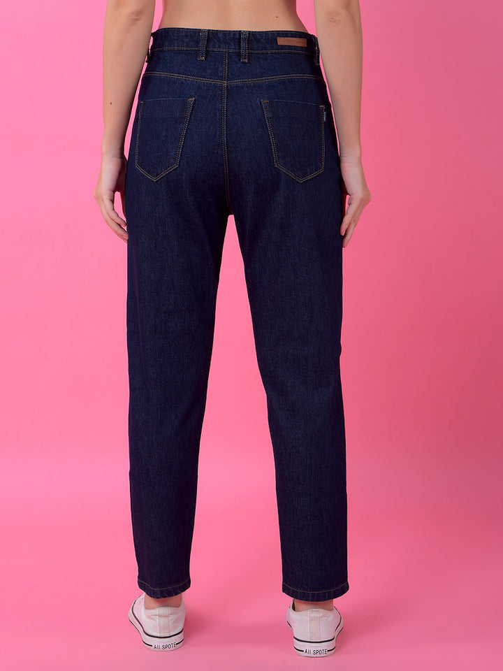 Premium Navy Blue Relaxed Mom Fit Cotton Jeans-Women Jeans-Crimsoune Club