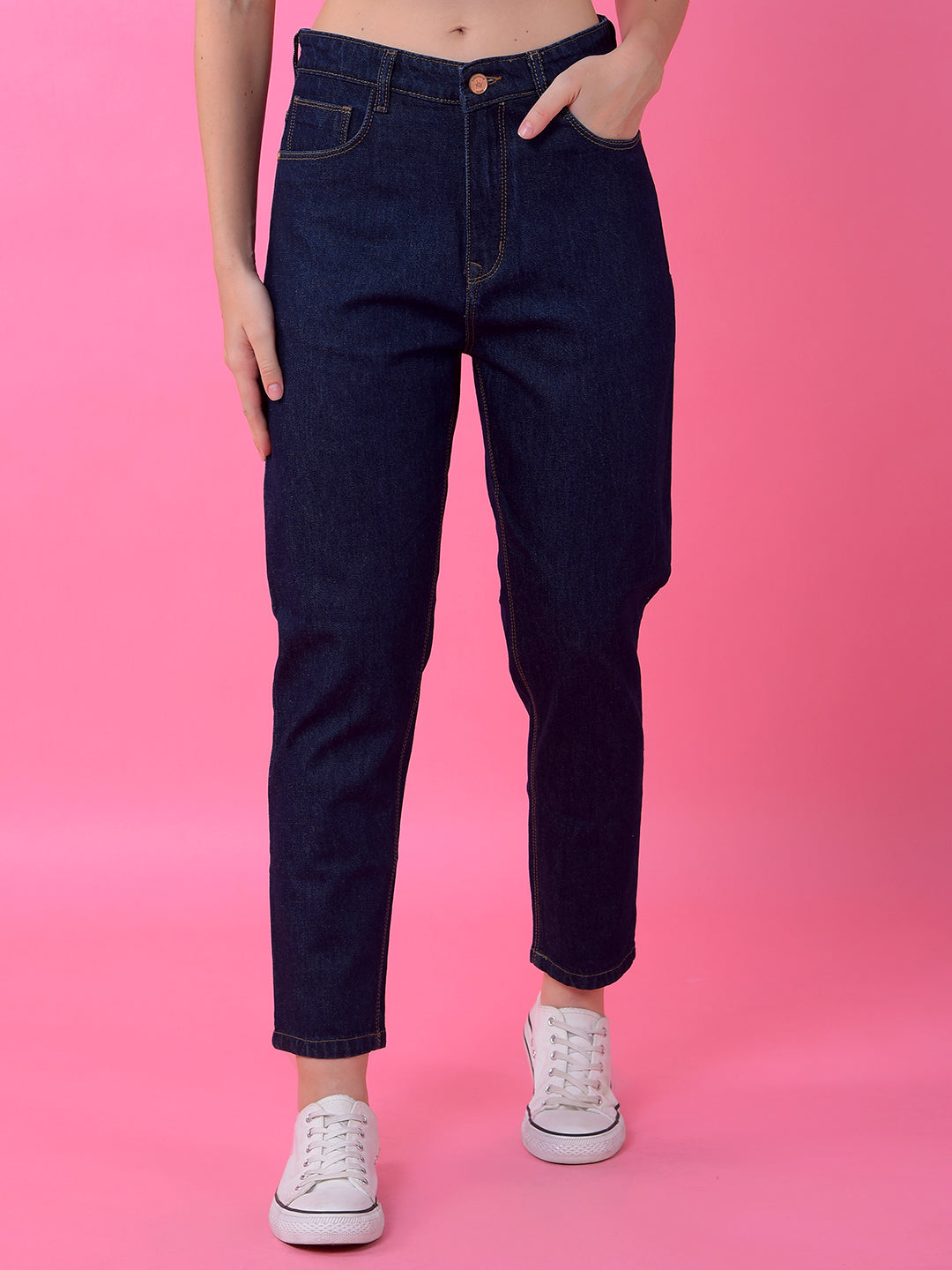 Premium Navy Blue Relaxed Mom Fit Cotton Jeans-Women Jeans-Crimsoune Club