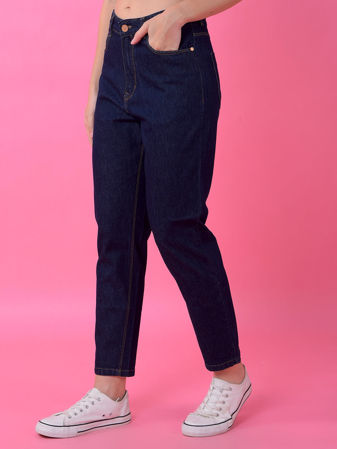 Premium Navy Blue Relaxed Mom Fit Cotton Jeans-Women Jeans-Crimsoune Club