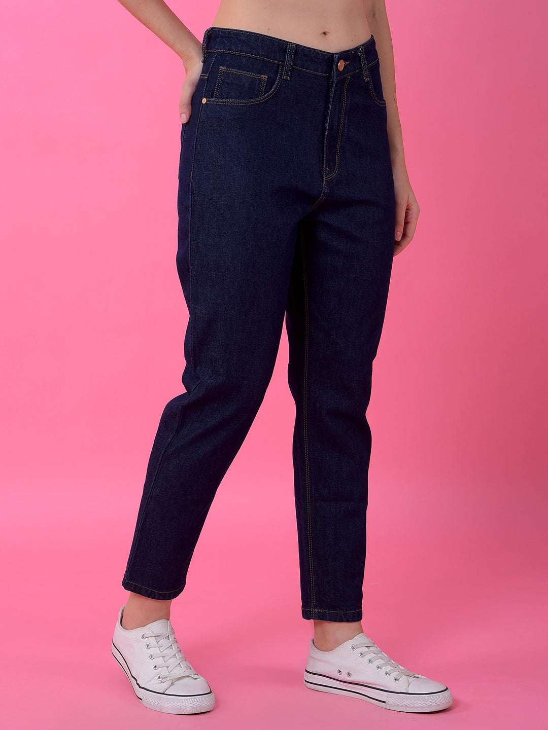 Premium Navy Blue Relaxed Mom Fit Cotton Jeans-Women Jeans-Crimsoune Club