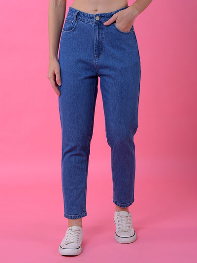 Blue Relaxed Mom Fit Denim Jeans-Women Jeans-Crimsoune Club