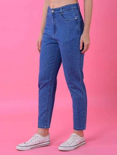 Blue Relaxed Mom Fit Denim Jeans-Women Jeans-Crimsoune Club