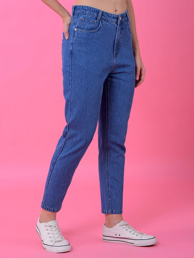 Blue Relaxed Mom Fit Denim Jeans-Women Jeans-Crimsoune Club