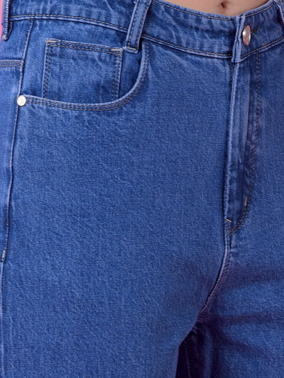 Blue Relaxed Mom Fit Denim Jeans-Women Jeans-Crimsoune Club