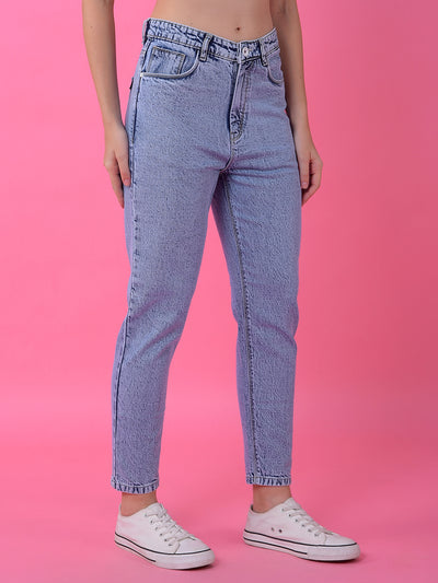 Blue Relaxed Mom Fit Denim Jeans-Women Jeans-Crimsoune Club
