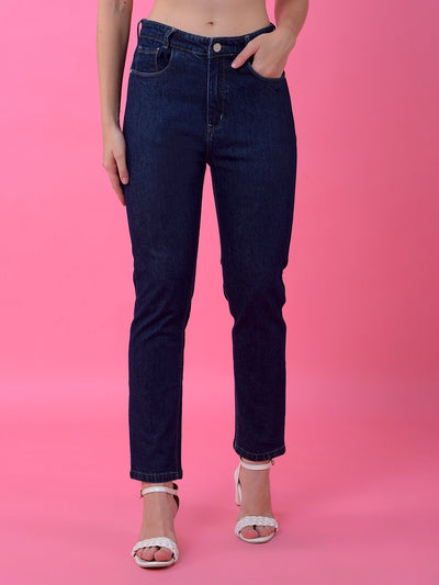 Navy Blue Premium Straight Leg Cotton Jeans-Women Jeans-Crimsoune Club