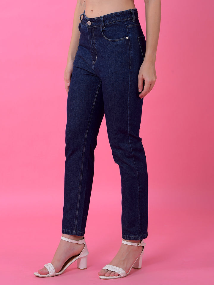 Navy Blue Premium Straight Leg Cotton Jeans-Women Jeans-Crimsoune Club