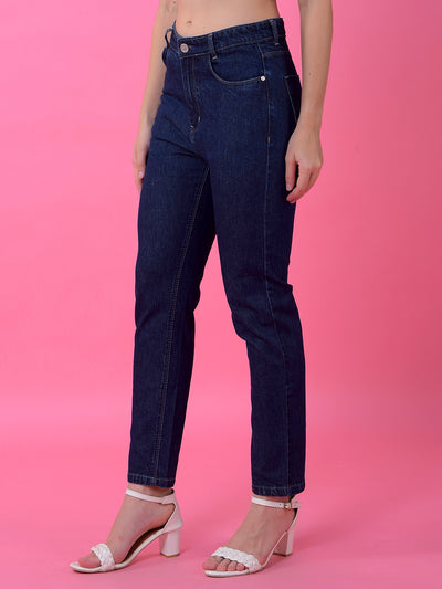 Navy Blue Premium Straight Leg Cotton Jeans-Women Jeans-Crimsoune Club