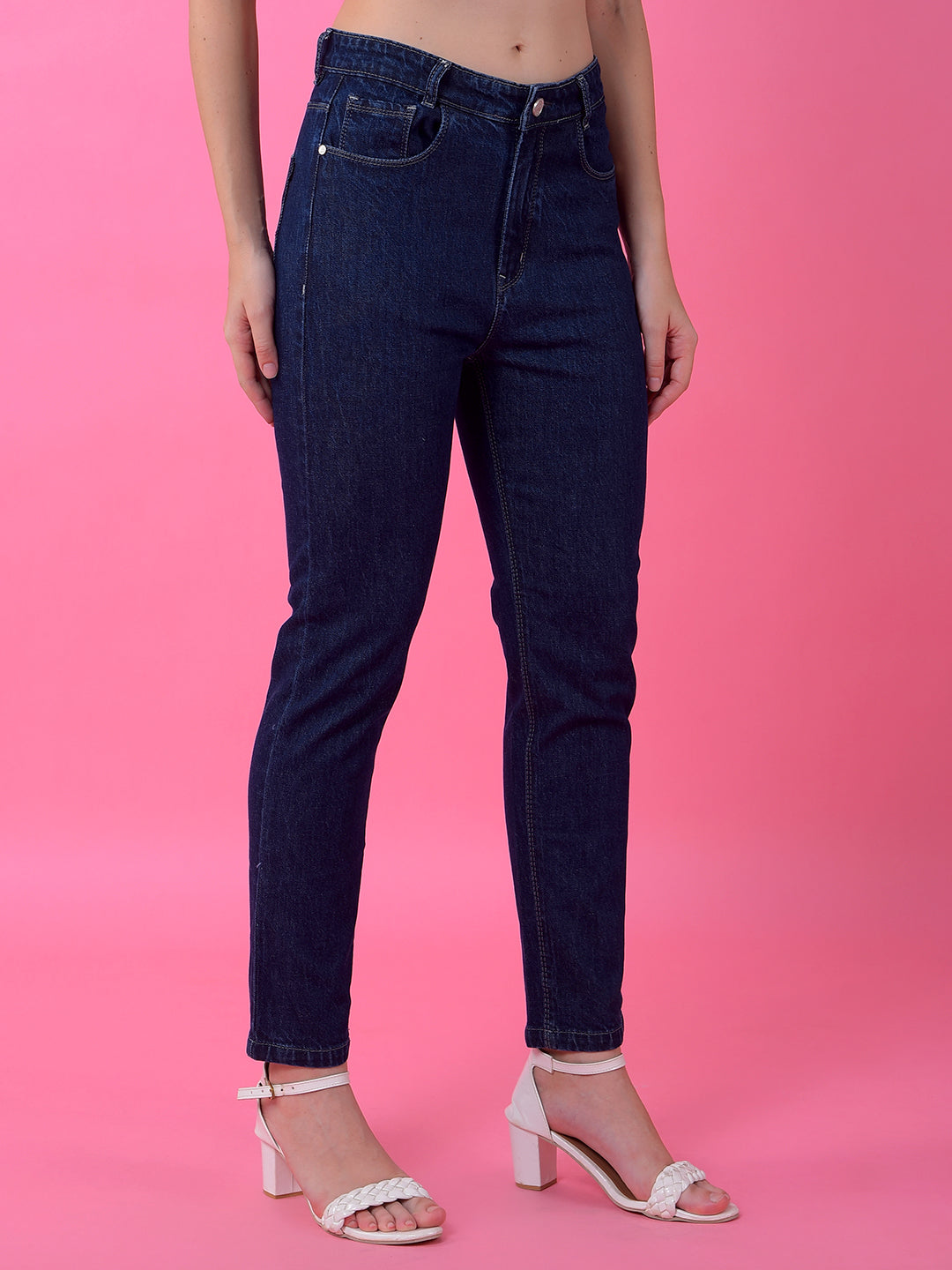 Navy Blue Premium Straight Leg Cotton Jeans-Women Jeans-Crimsoune Club