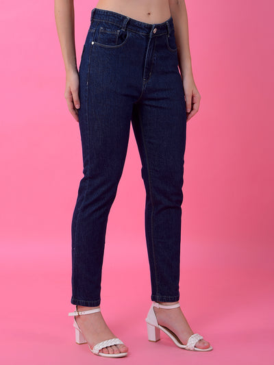 Navy Blue Premium Straight Leg Cotton Jeans-Women Jeans-Crimsoune Club