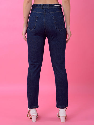 Navy Blue Premium Straight Leg Cotton Jeans-Women Jeans-Crimsoune Club