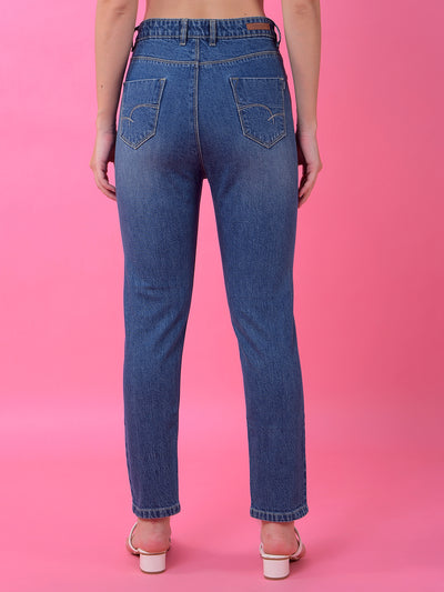 Blue Straight Leg Denim Jeans-Women Jeans-Crimsoune Club