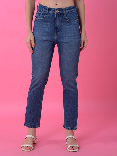 Blue Straight Leg Denim Jeans-Women Jeans-Crimsoune Club