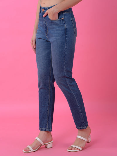 Blue Straight Leg Denim Jeans-Women Jeans-Crimsoune Club