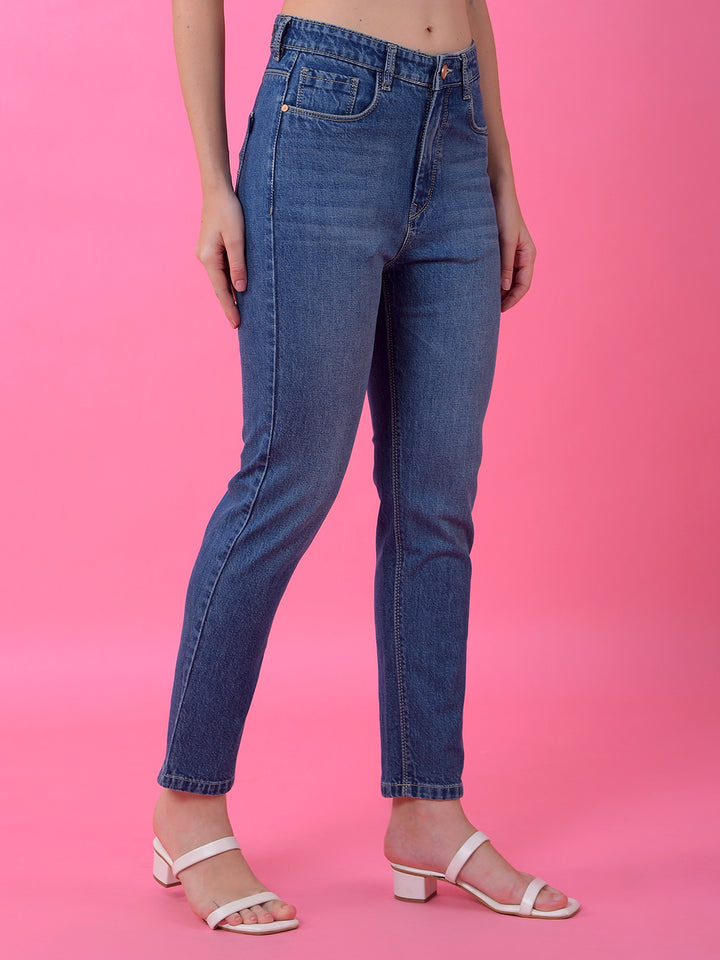 Blue Straight Leg Denim Jeans-Women Jeans-Crimsoune Club