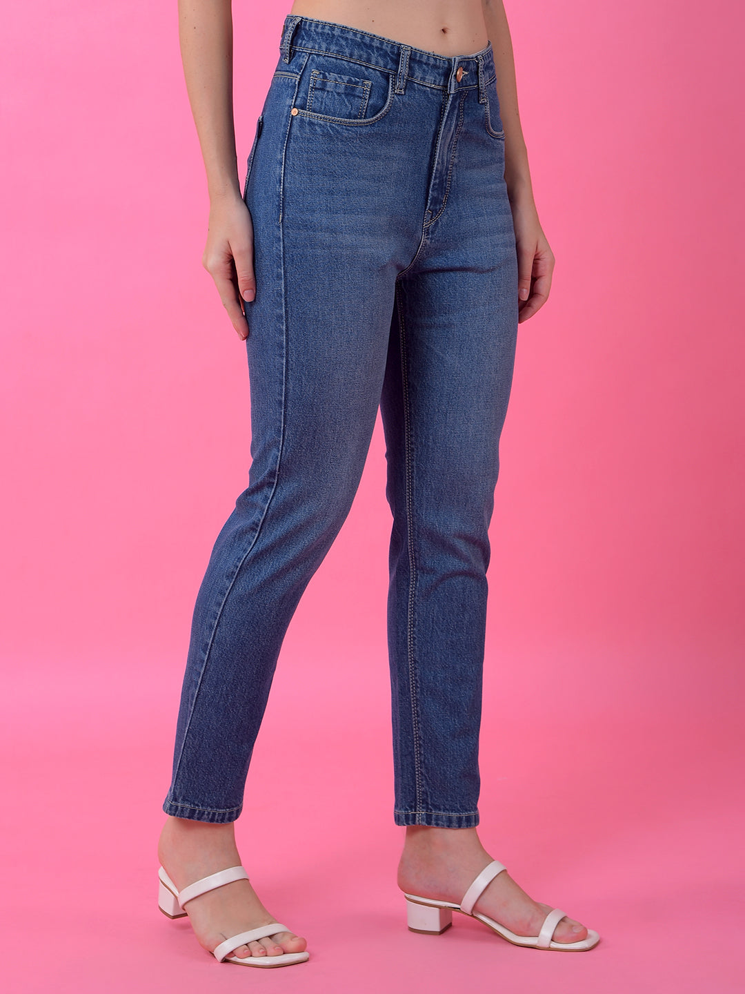 Blue Straight Leg Denim Jeans-Women Jeans-Crimsoune Club