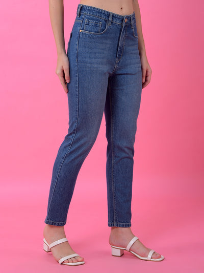Blue Straight Leg Denim Jeans-Women Jeans-Crimsoune Club