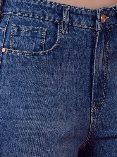 Blue Straight Leg Denim Jeans-Women Jeans-Crimsoune Club