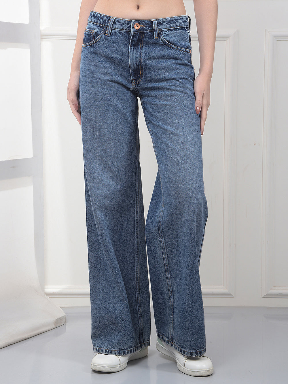 Effortless Blue Wide-Leg Jeans-Women Jeans-Crimsoune Club