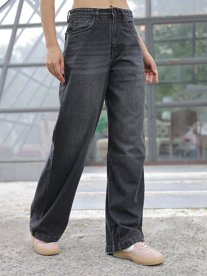 Grey Linen Wide-Leg Jeans-Women Jeans-Crimsoune Club
