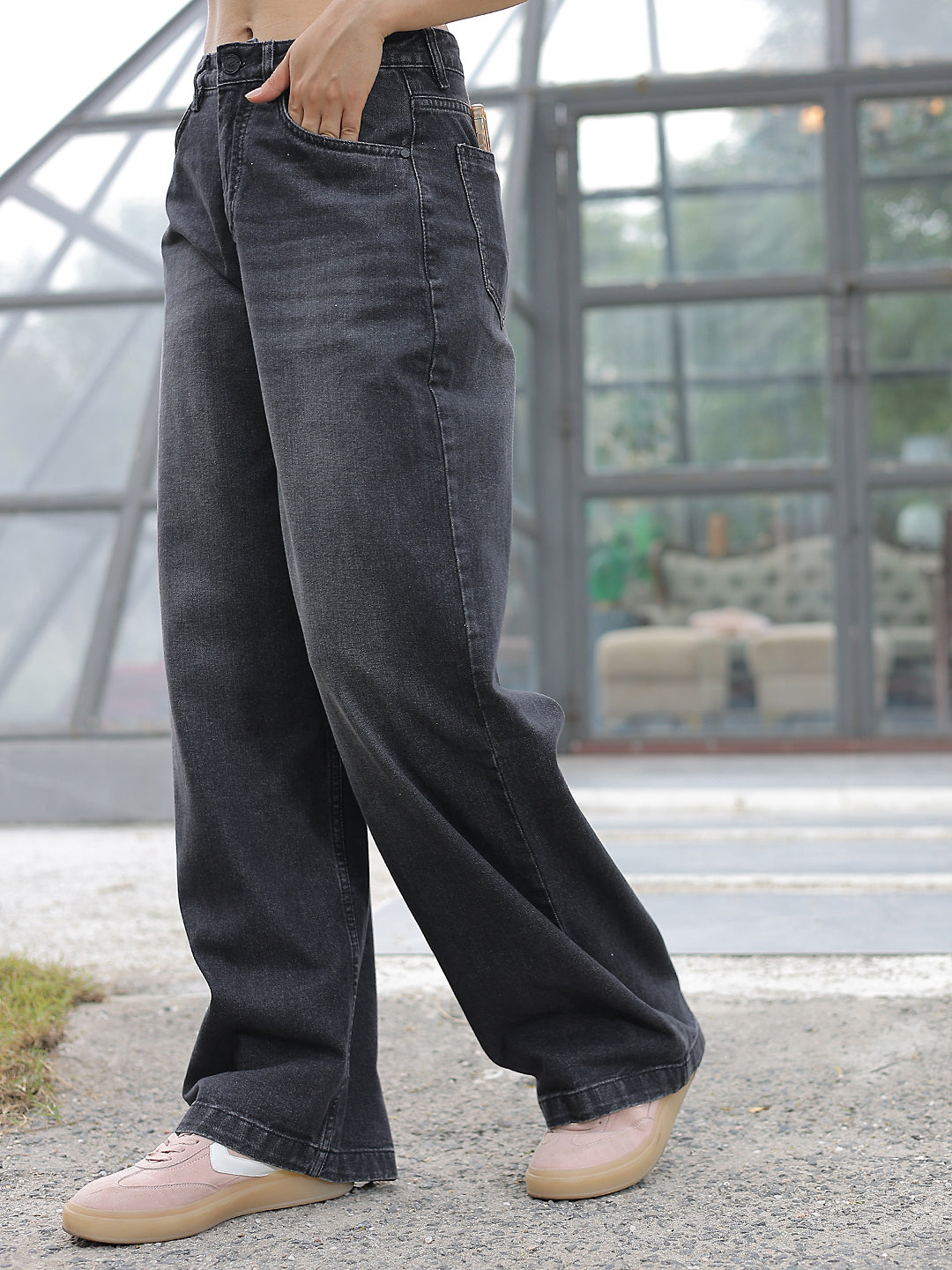 Grey Linen Wide-Leg Jeans-Women Jeans-Crimsoune Club