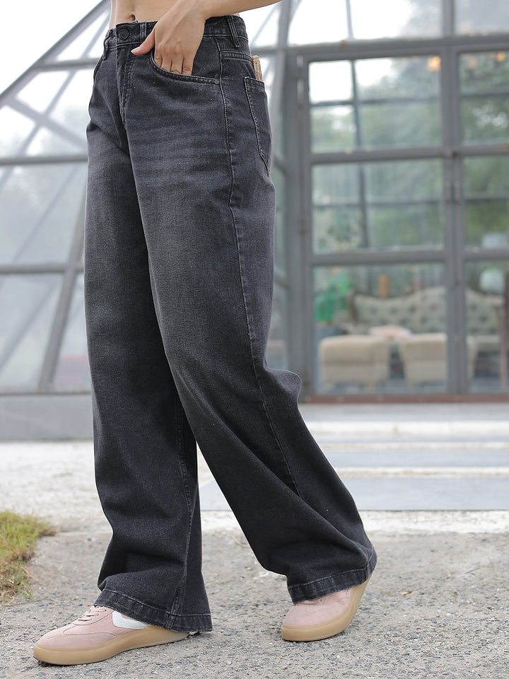 Grey Linen Wide-Leg Jeans-Women Jeans-Crimsoune Club