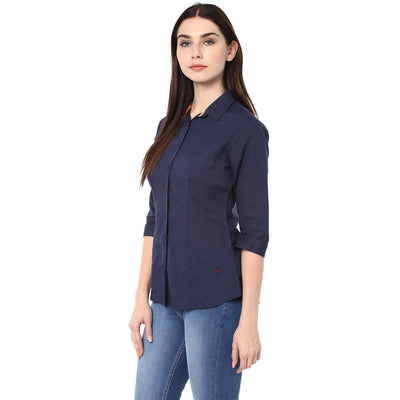 Navy Blue Solid Shirt-Women Shirts-Crimsoune Club
