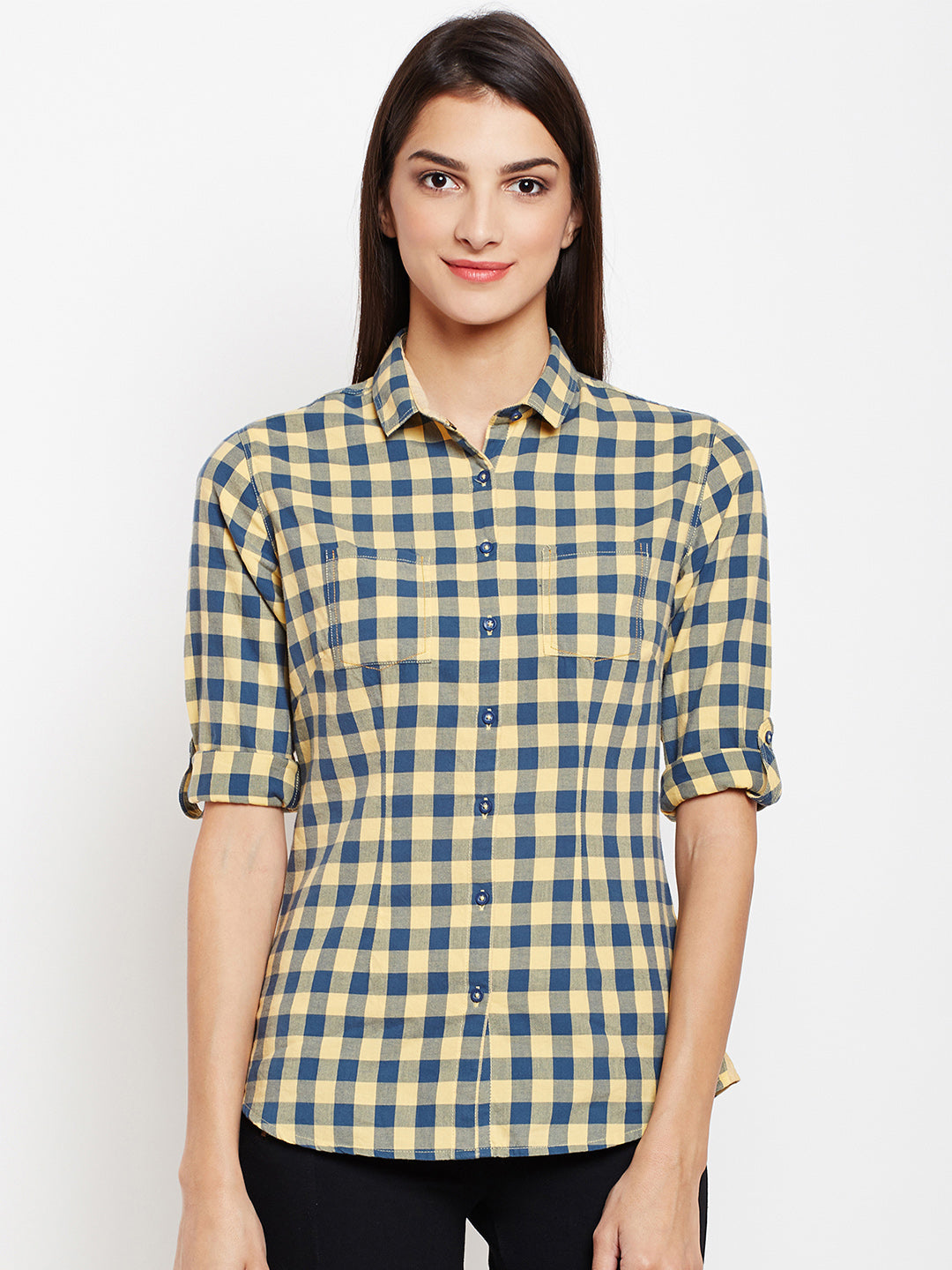 Yellow Gingham Checked Shirt-Women Shirts-Crimsoune Club