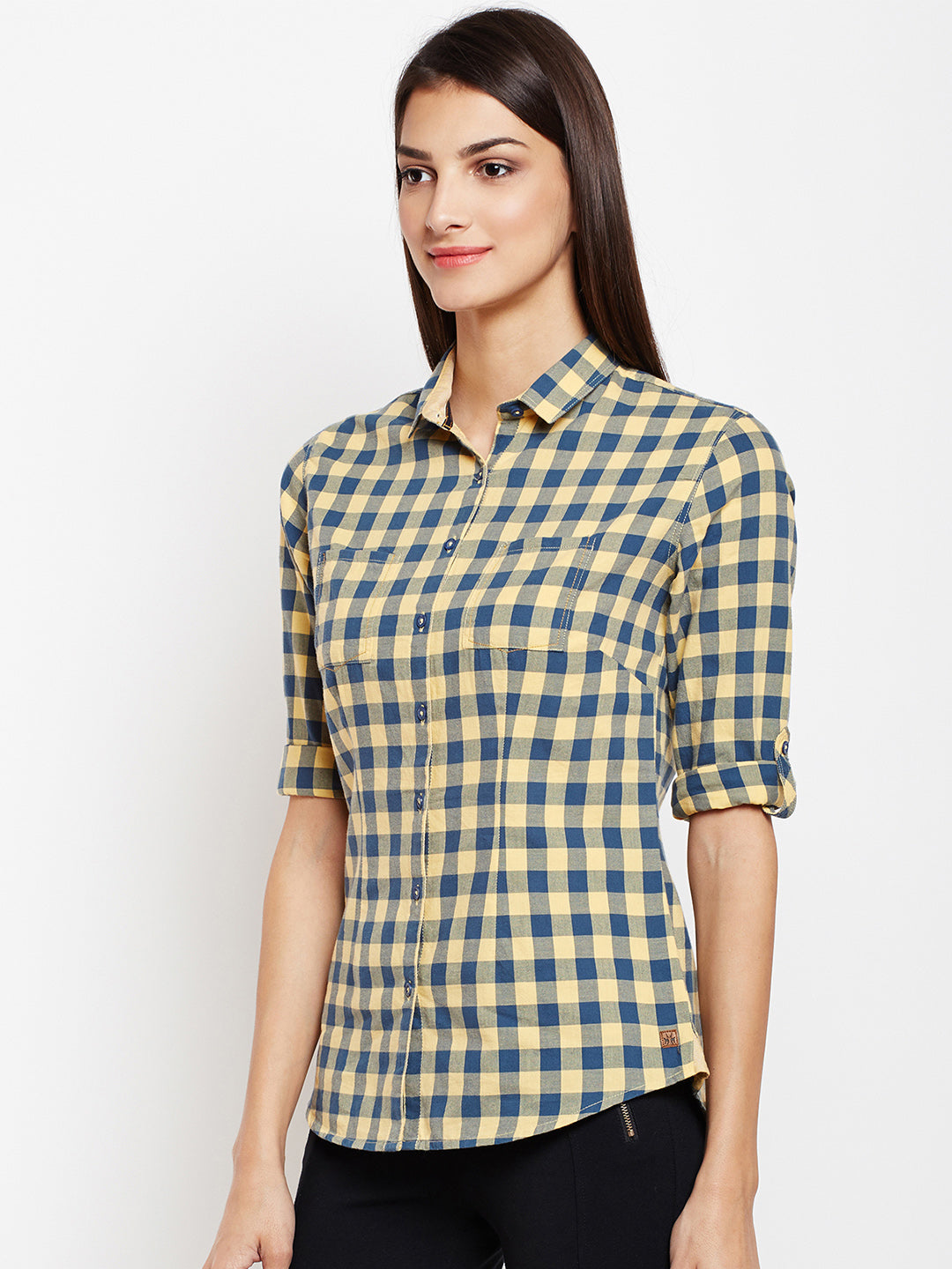 Yellow Gingham Checked Shirt-Women Shirts-Crimsoune Club