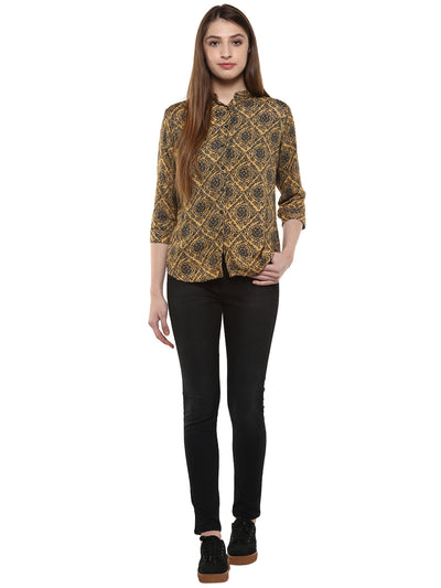 Mustard Floral Printed Shirt-Women Shirts-Crimsoune Club