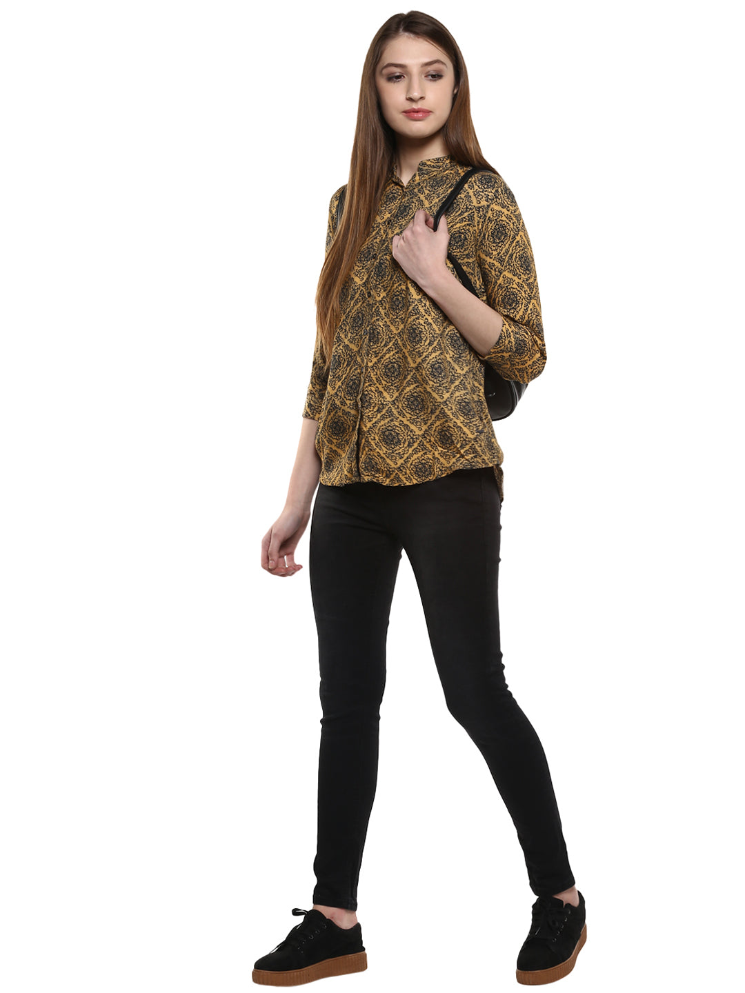 Mustard Floral Printed Shirt-Women Shirts-Crimsoune Club