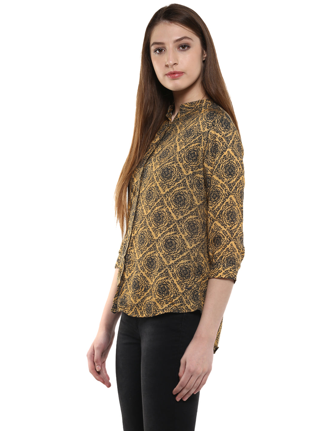 Mustard Floral Printed Shirt-Women Shirts-Crimsoune Club