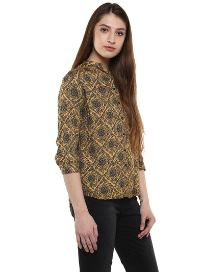 Mustard Floral Printed Shirt-Women Shirts-Crimsoune Club