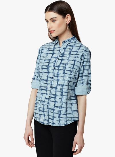 Blue Printed Shirt-Women Shirts-Crimsoune Club