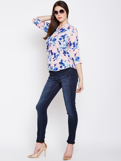 Pink Floral Printed Tops-Women Tops-Crimsoune Club