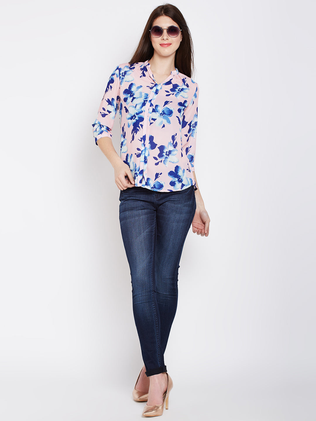 Pink Floral Printed Tops-Women Tops-Crimsoune Club