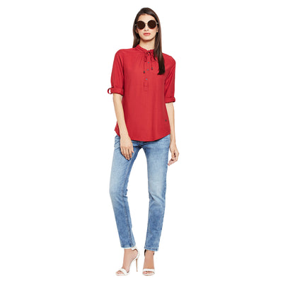 Red Solid Shirt-Women Shirts-Crimsoune Club