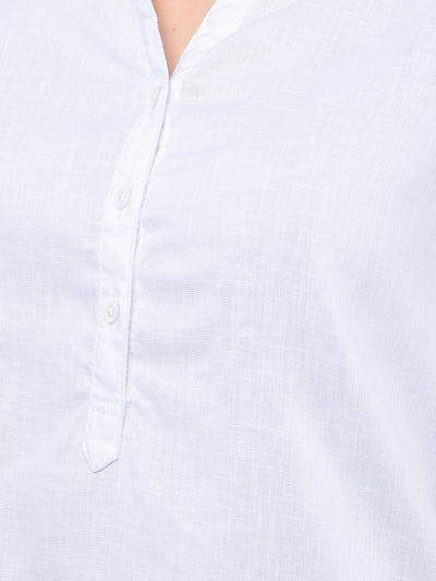 White V-Neck Linen Top-Women Tops-Crimsoune Club