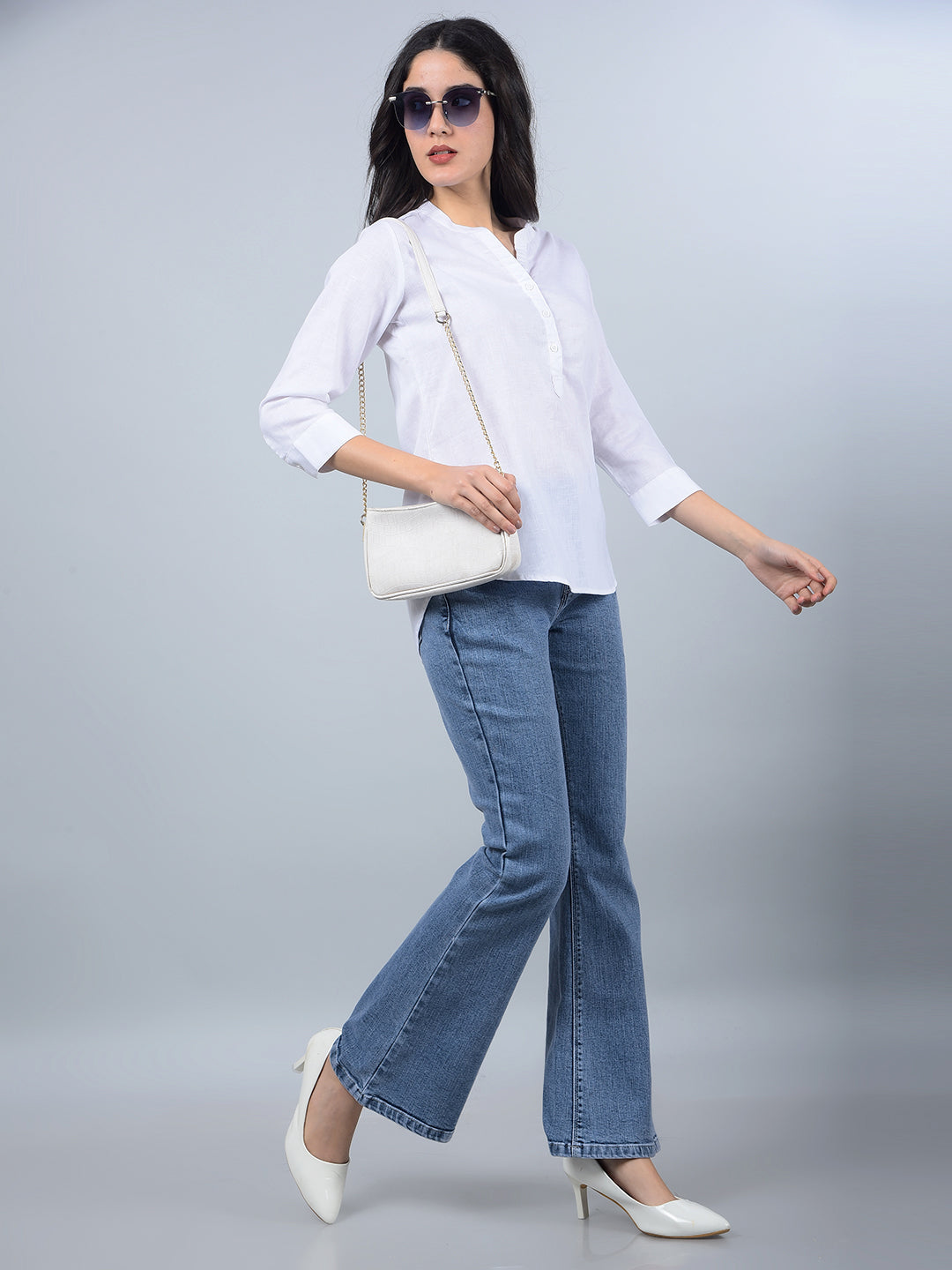 White V-Neck Linen Top-Women Tops-Crimsoune Club