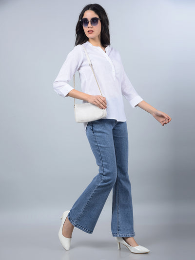 White V-Neck Linen Top-Women Tops-Crimsoune Club