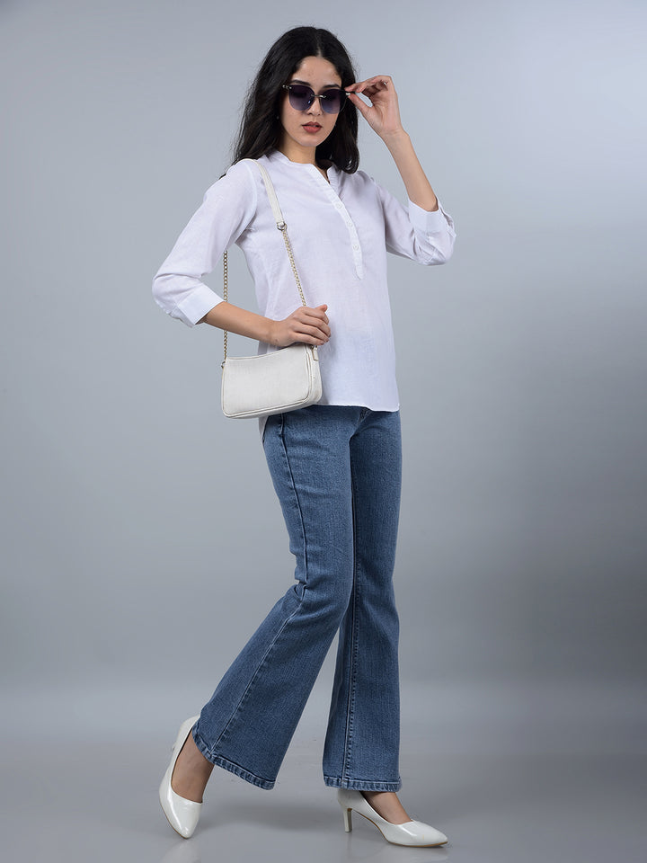 White V-Neck Linen Top-Women Tops-Crimsoune Club