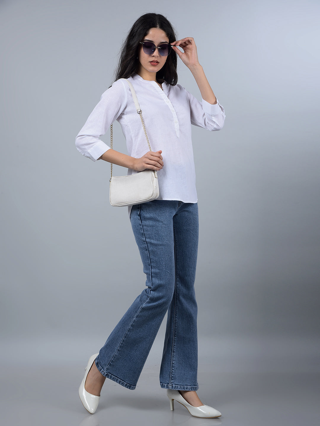 White V-Neck Linen Top-Women Tops-Crimsoune Club