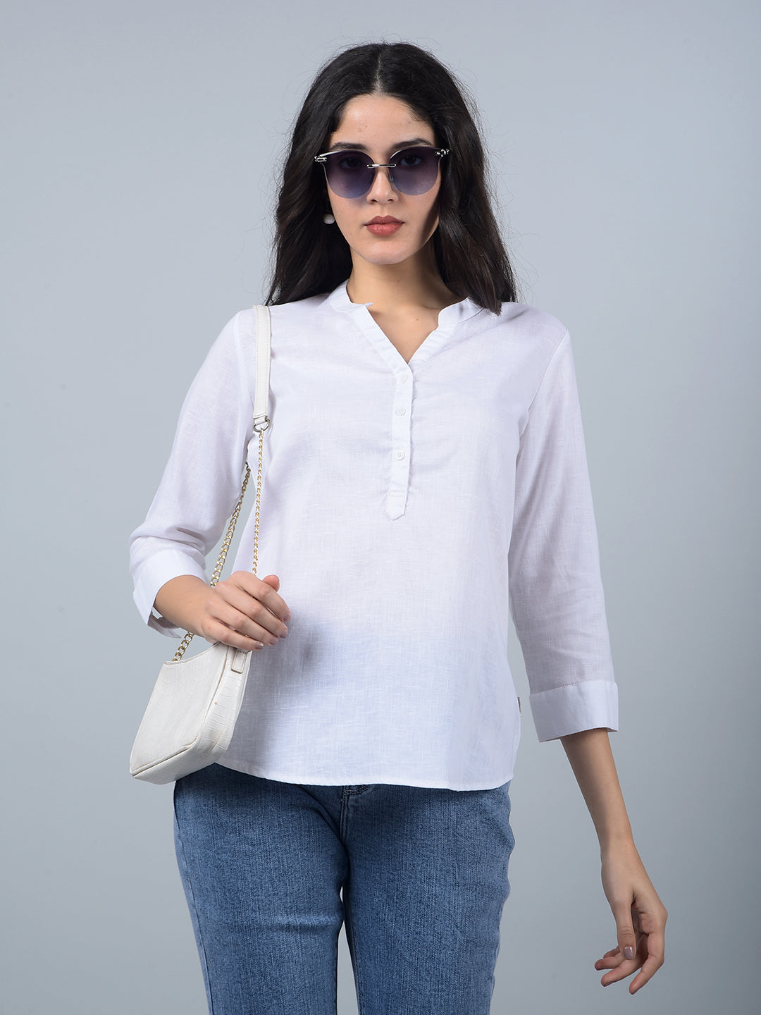 White V-Neck Linen Top-Women Tops-Crimsoune Club