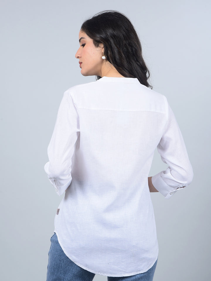 White V-Neck Linen Top-Women Tops-Crimsoune Club