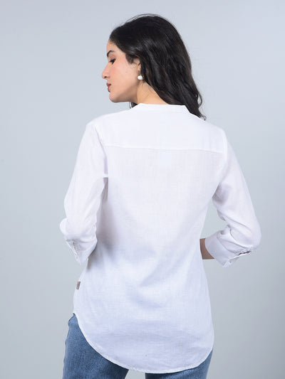 White V-Neck Linen Top-Women Tops-Crimsoune Club