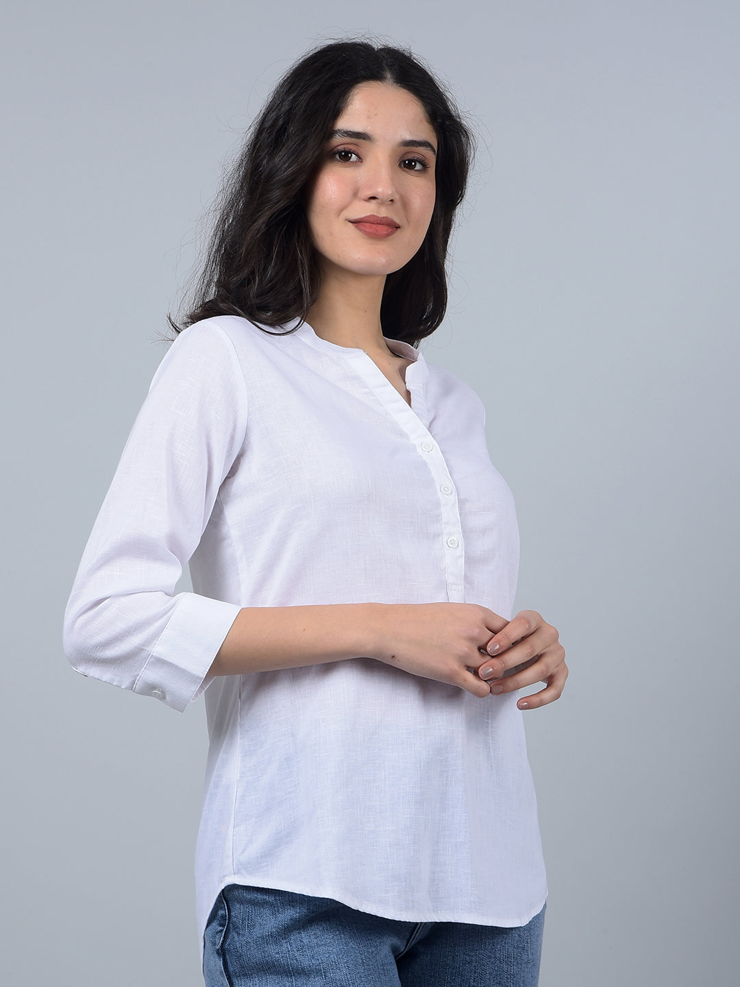 White V-Neck Linen Top-Women Tops-Crimsoune Club