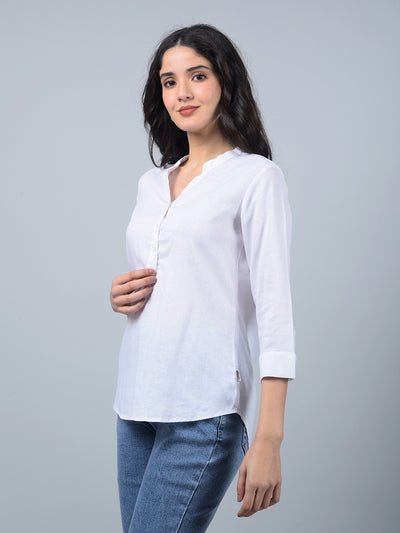 White V-Neck Linen Top-Women Tops-Crimsoune Club