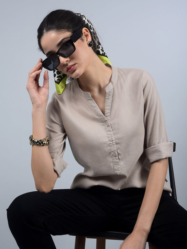 Beige V-Neck Linen Top-Women Tops-Crimsoune Club